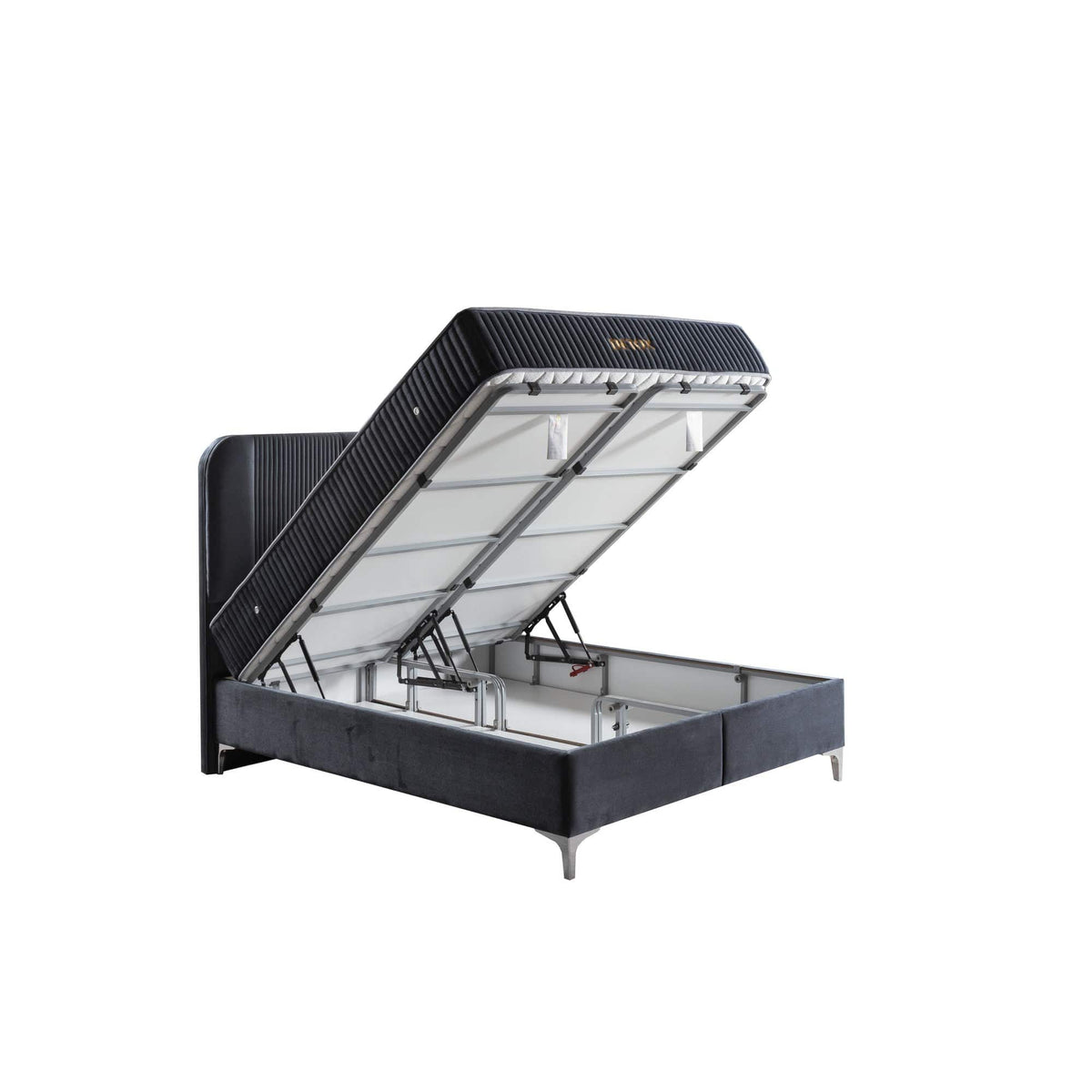 Pat DETOX 160x200, stofa catifelata albastru inchis - Luna 19, cu suport saltea si spatiu depozitare