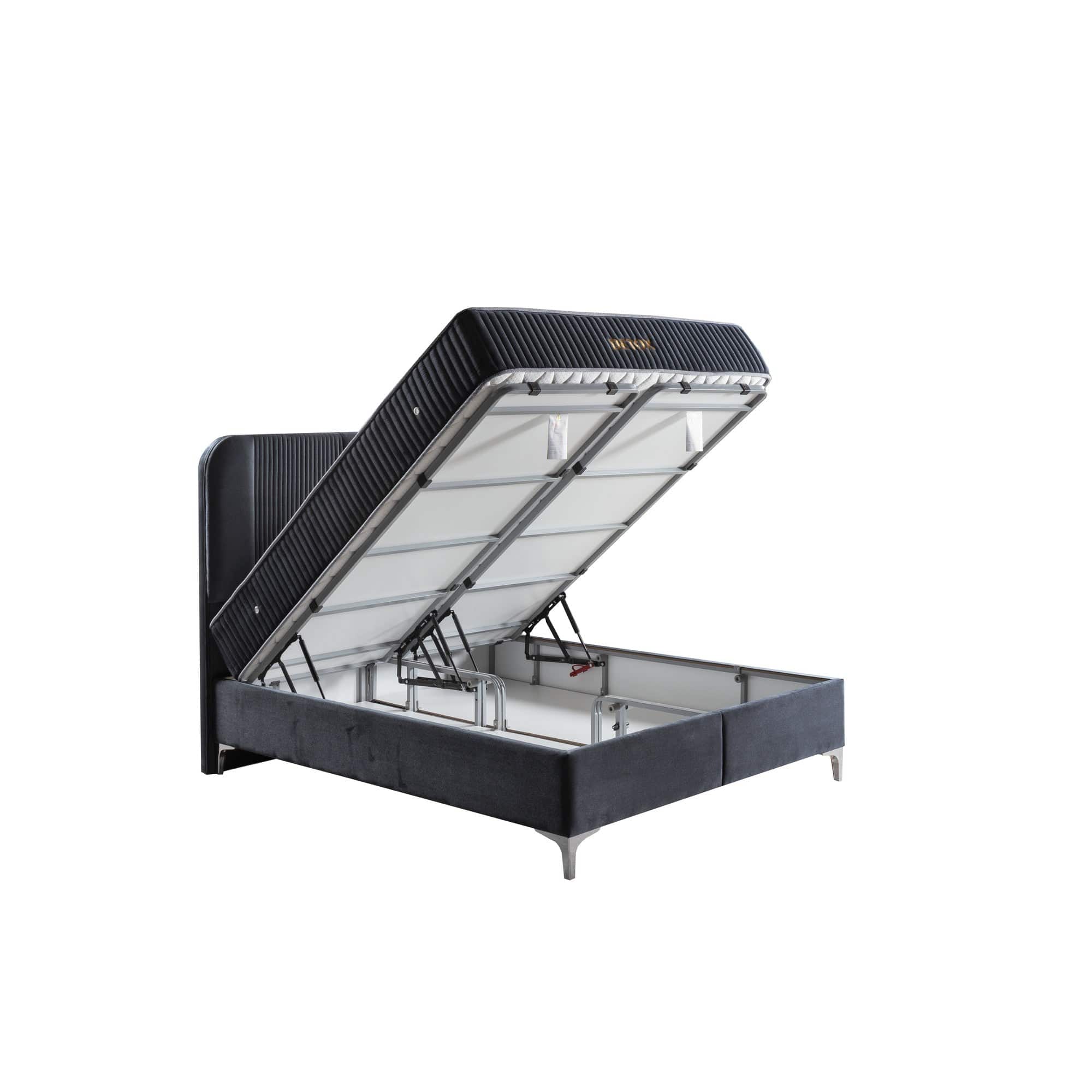 Pat DETOX 160x200, stofa catifelata albastru inchis - Luna 19, cu suport saltea si spatiu depozitare