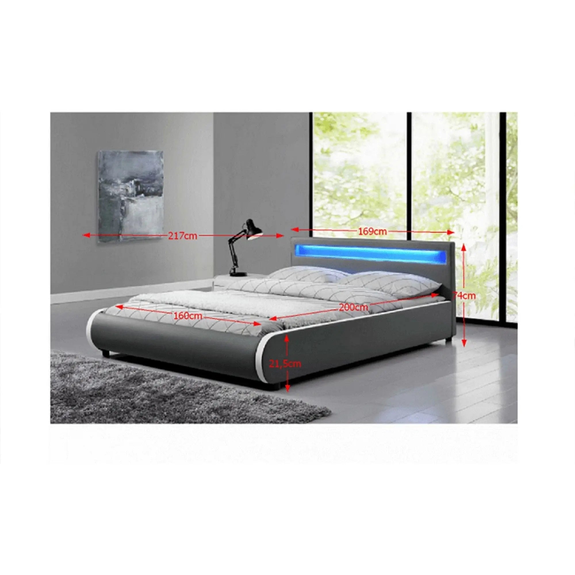 Pat DULCEA 160x200, gri, piele ecologica/PAL, cu iluminare LED RGB si somiera