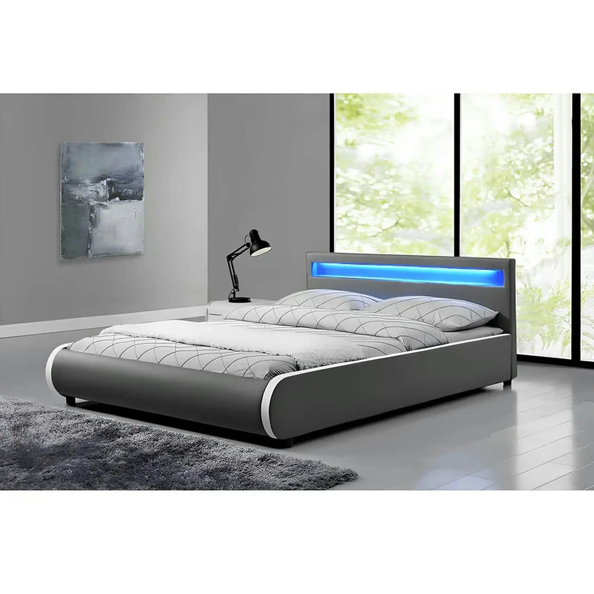 Pat DULCEA 180x200, gri, piele ecologica/PAL, cu iluminare LED RGB si somiera