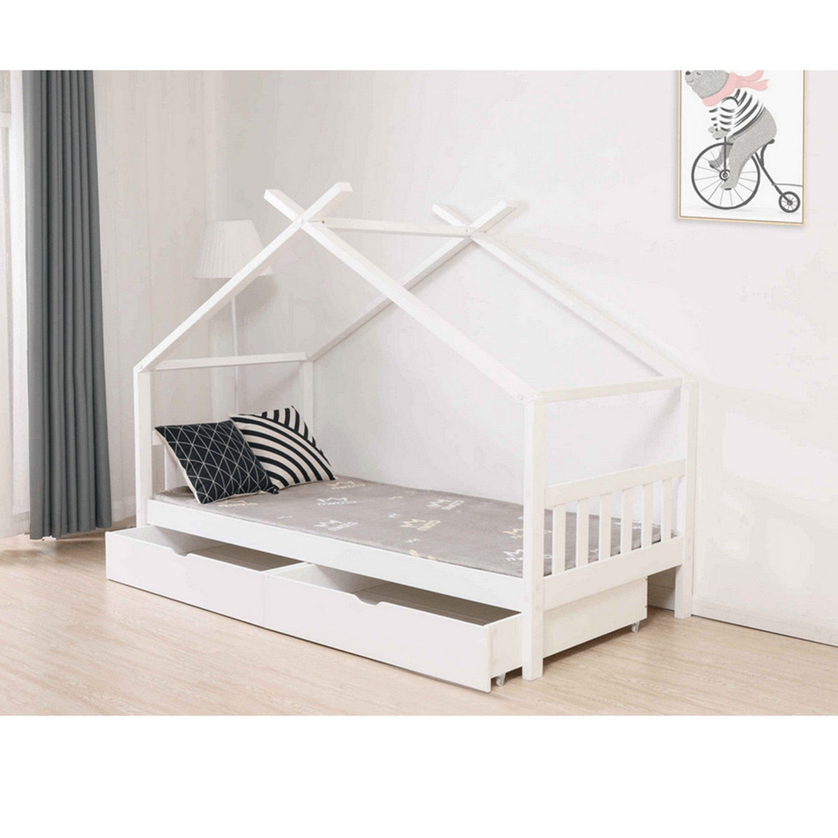 Pat ELISIA 90x200, alb, lemn cu somiera si 2 sertare pentru depozitare