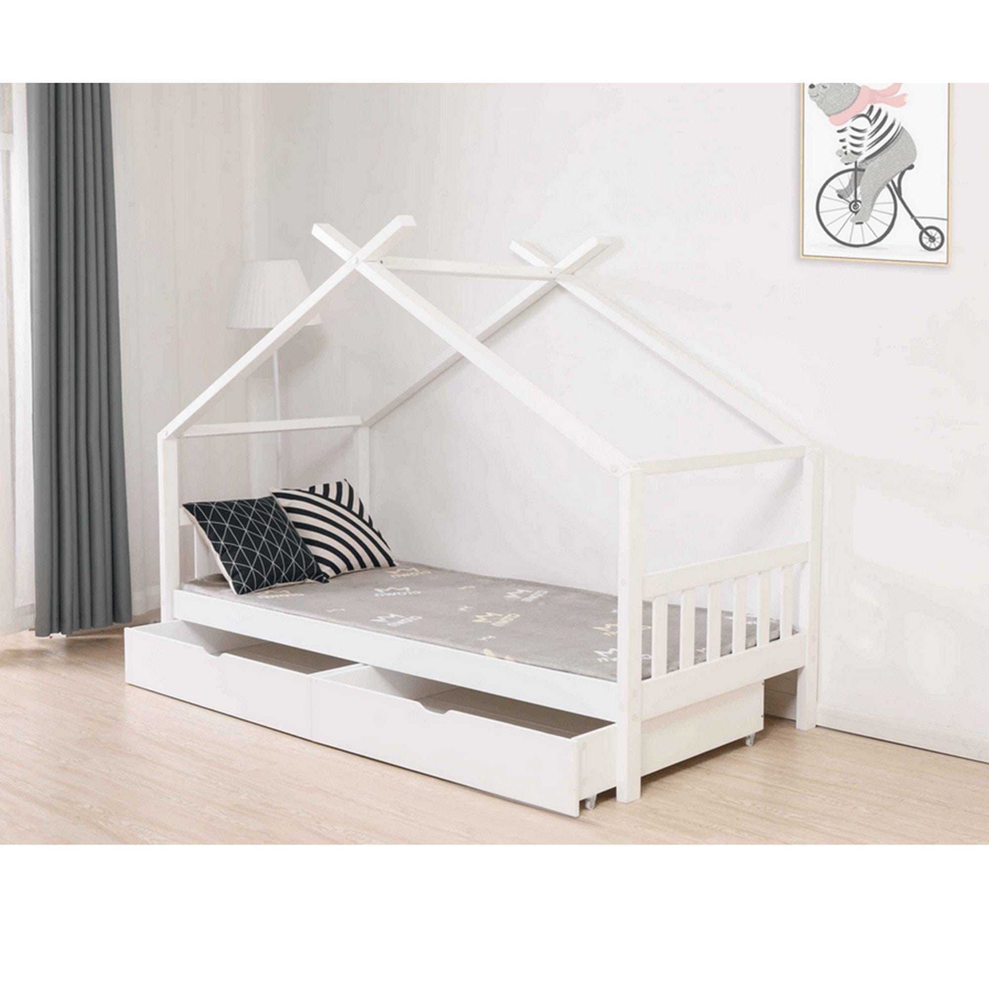 Pat ELISIA 90x200, alb, lemn cu somiera si 2 sertare pentru depozitare