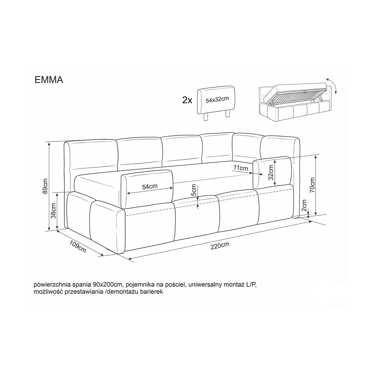 Pat EMMA 90x200, bej închis, stofă/lemn, cu spațiu de depozitare