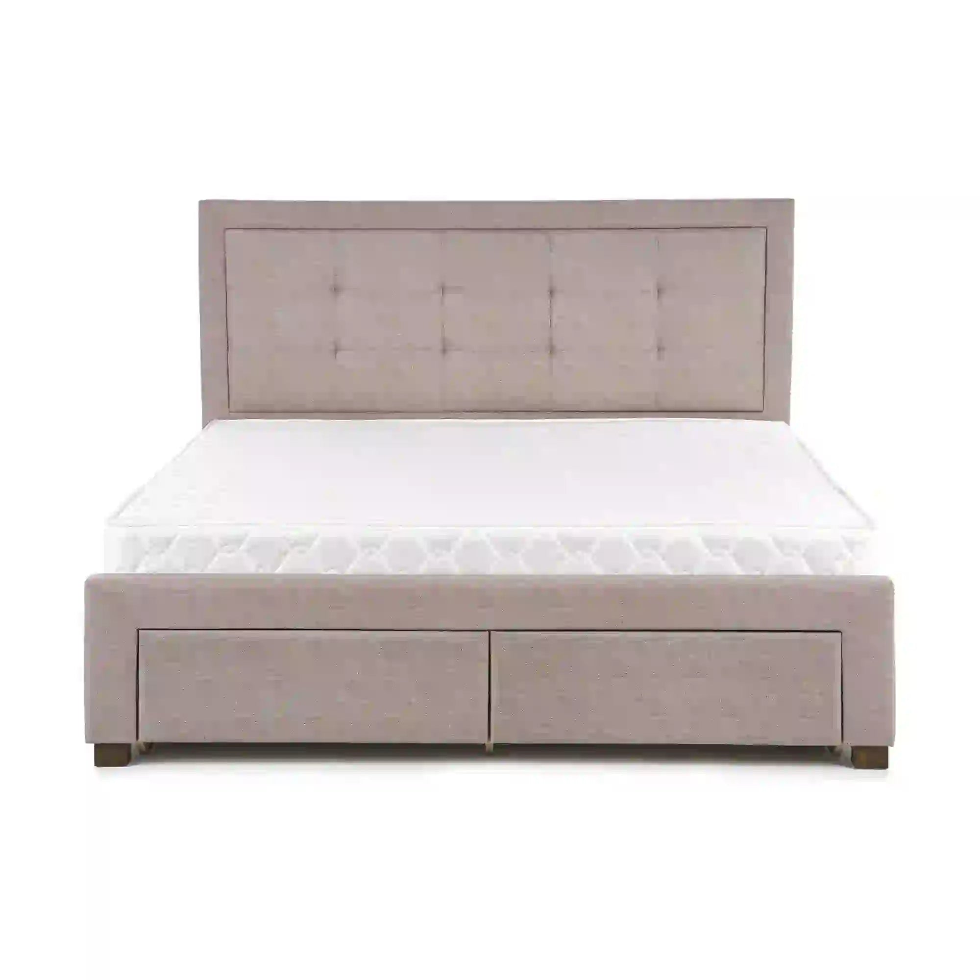 Pat Evora 160x200, stofa clasica bej, cu somiera si spatiu depozitare