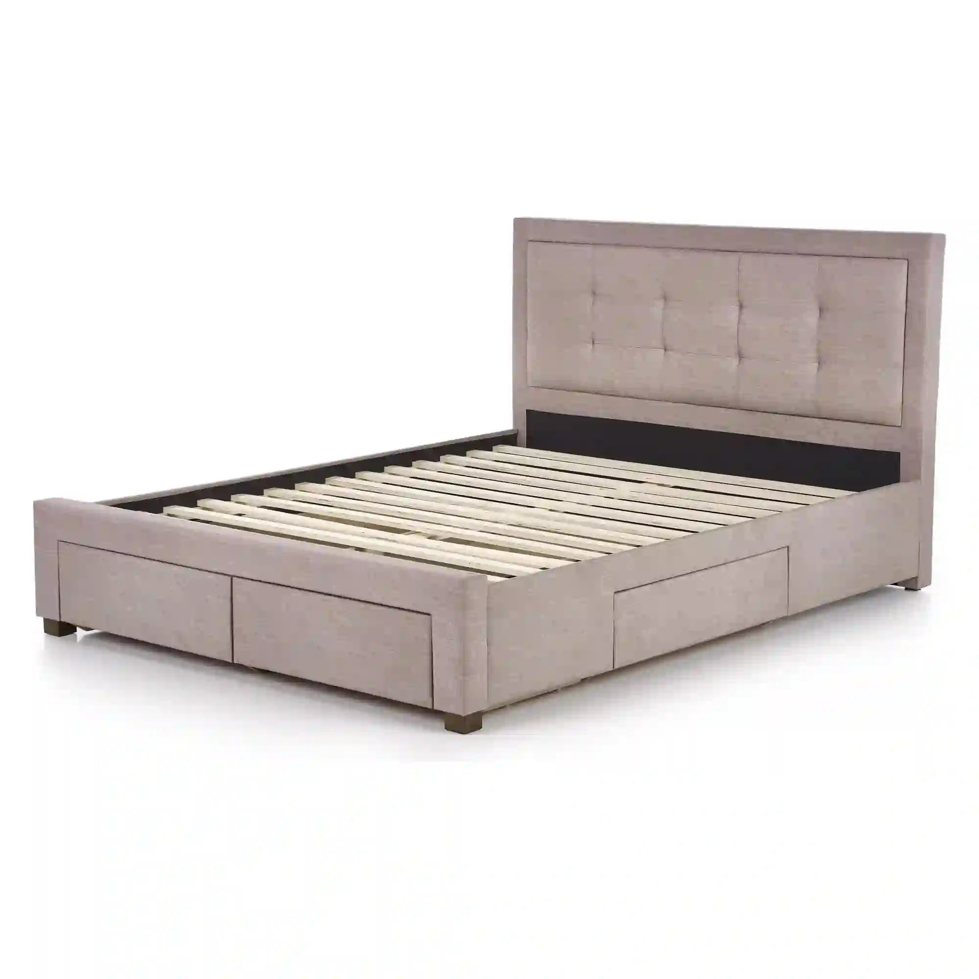 Pat Evora 160x200, stofa clasica bej, cu somiera si spatiu depozitare