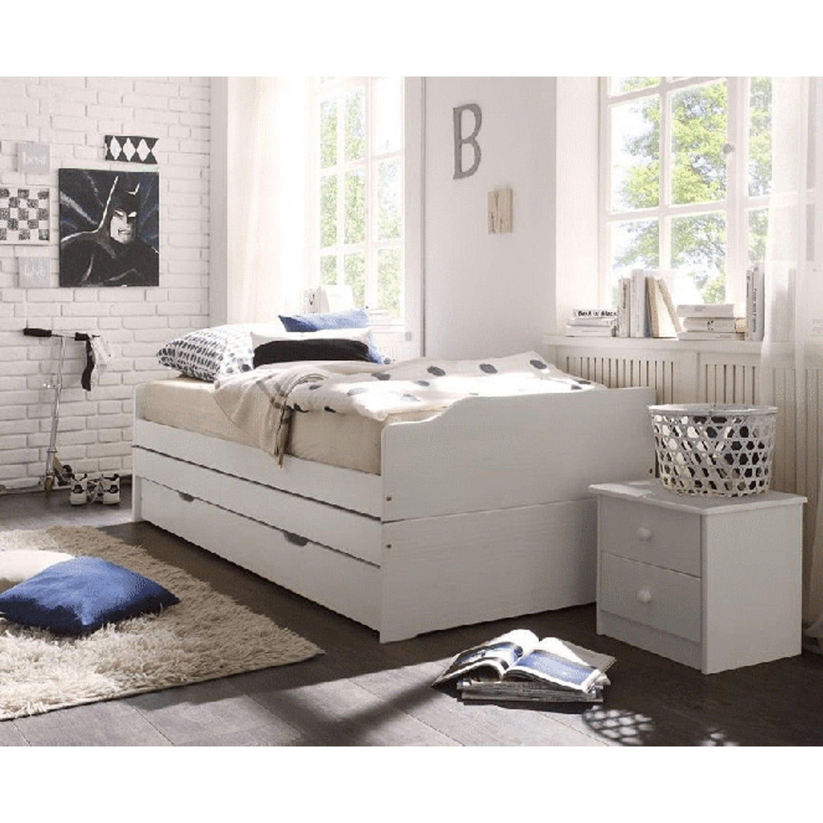 Pat extensibil FLOPY 90x200, alb, lemn, cu somiera