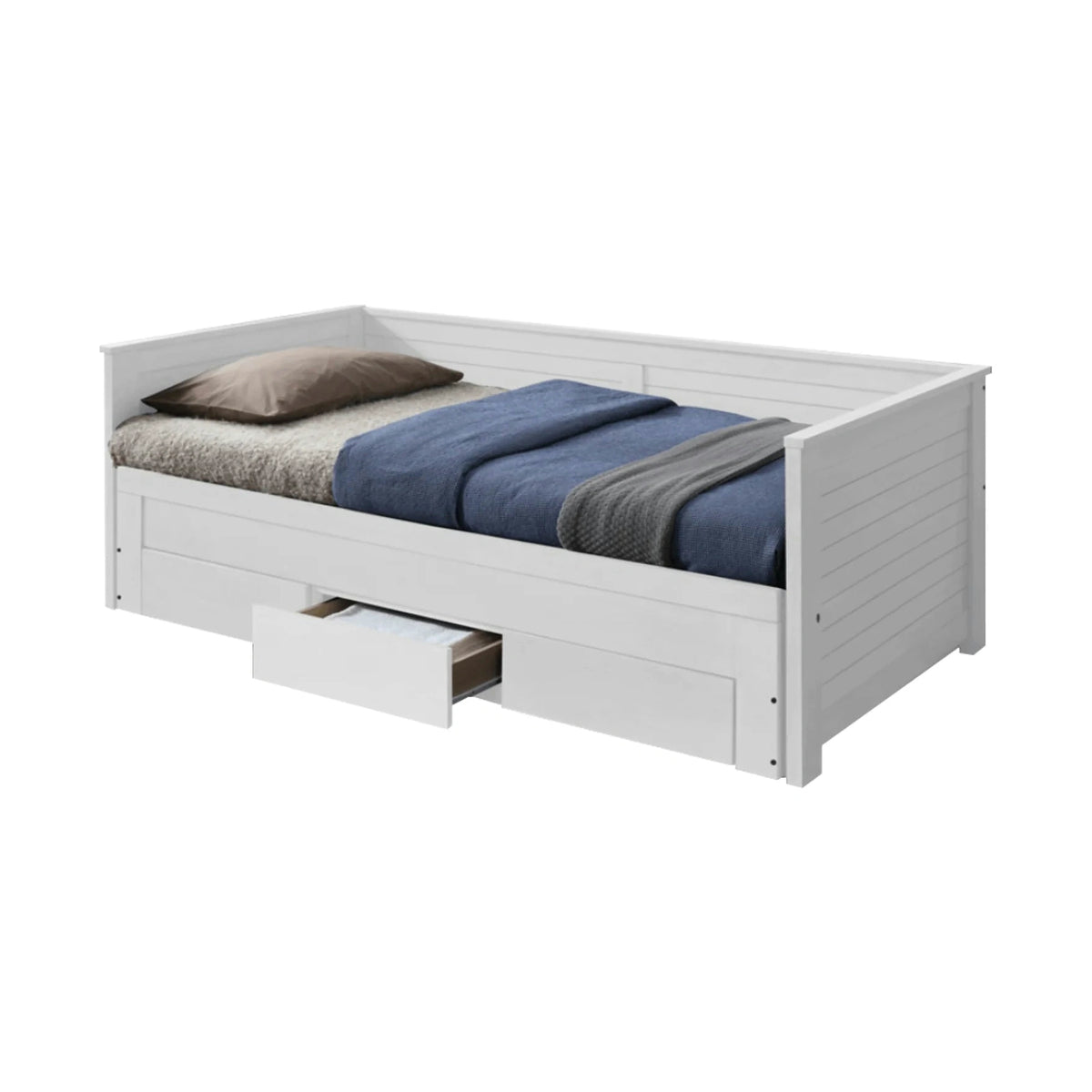 Pat extensibil GORETA 90x200/180x200, alb, cu somiera si 3 sertare pentru depozitare