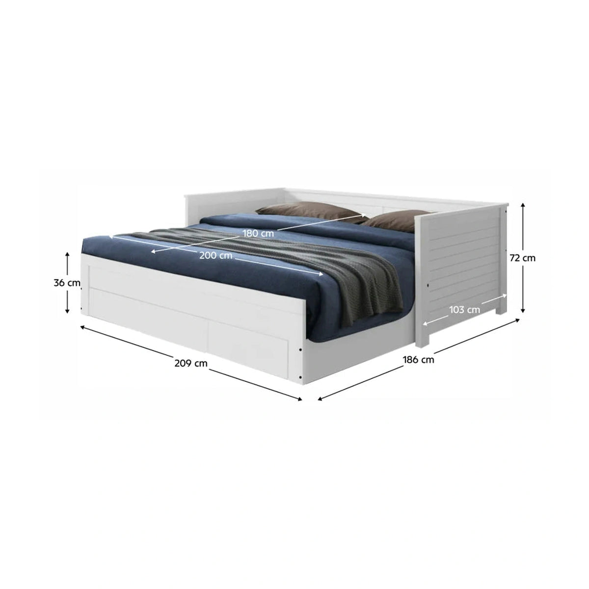 Pat extensibil GORETA 90x200/180x200, alb, cu somiera si 3 sertare pentru depozitare