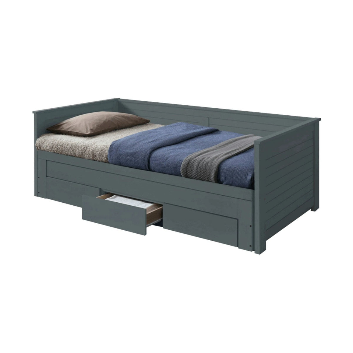Pat extensibil GORETA, 90x200/180x200, gri, cu somiera si 3 sertare pentru depozitare