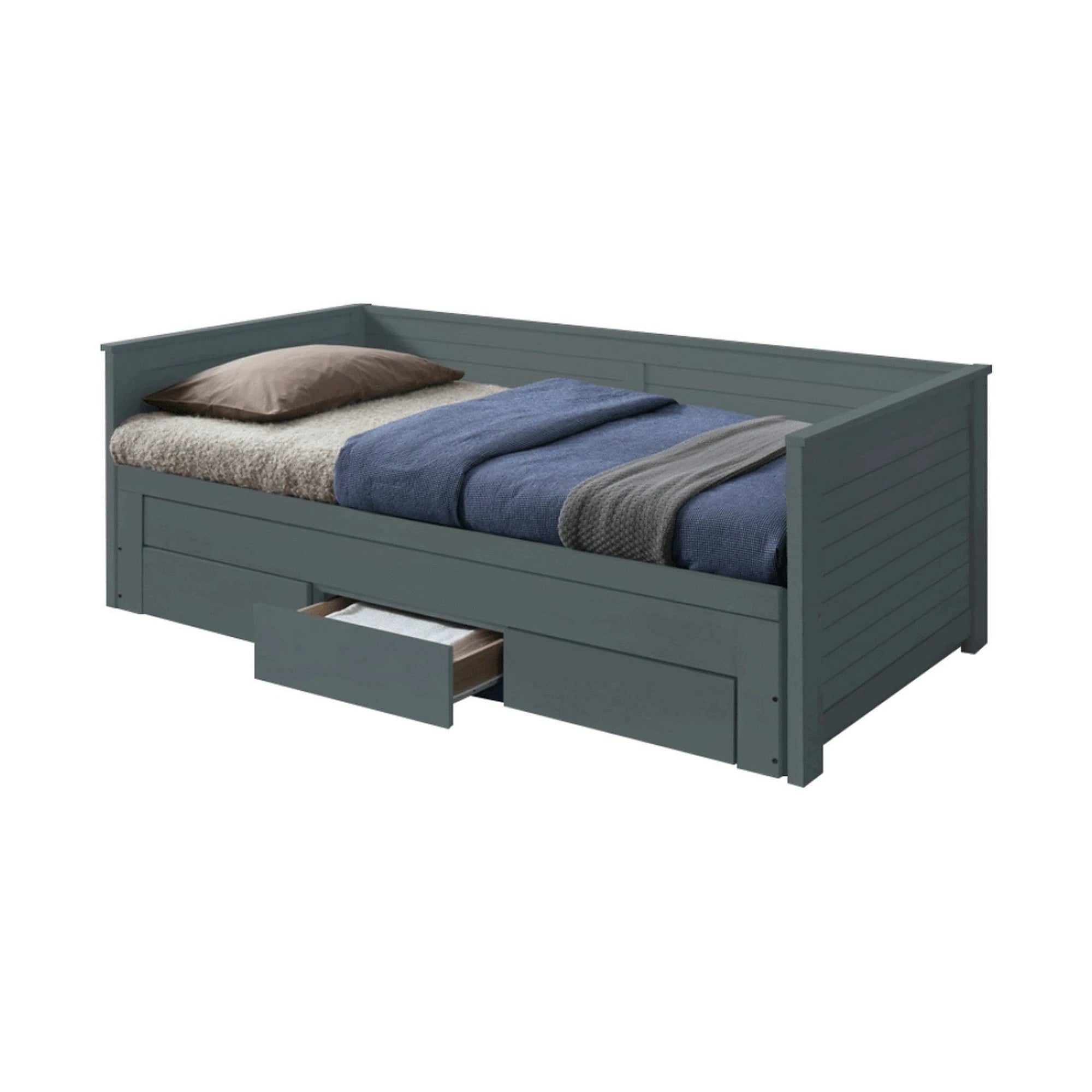 Pat extensibil GORETA, 90x200/180x200, gri, cu somiera si 3 sertare pentru depozitare