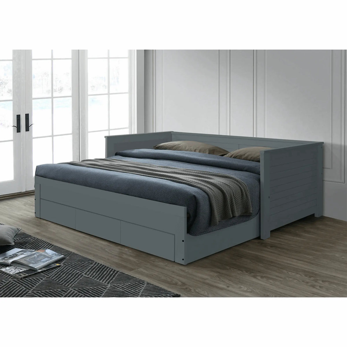 Pat extensibil GORETA, 90x200/180x200, gri, cu somiera si 3 sertare pentru depozitare