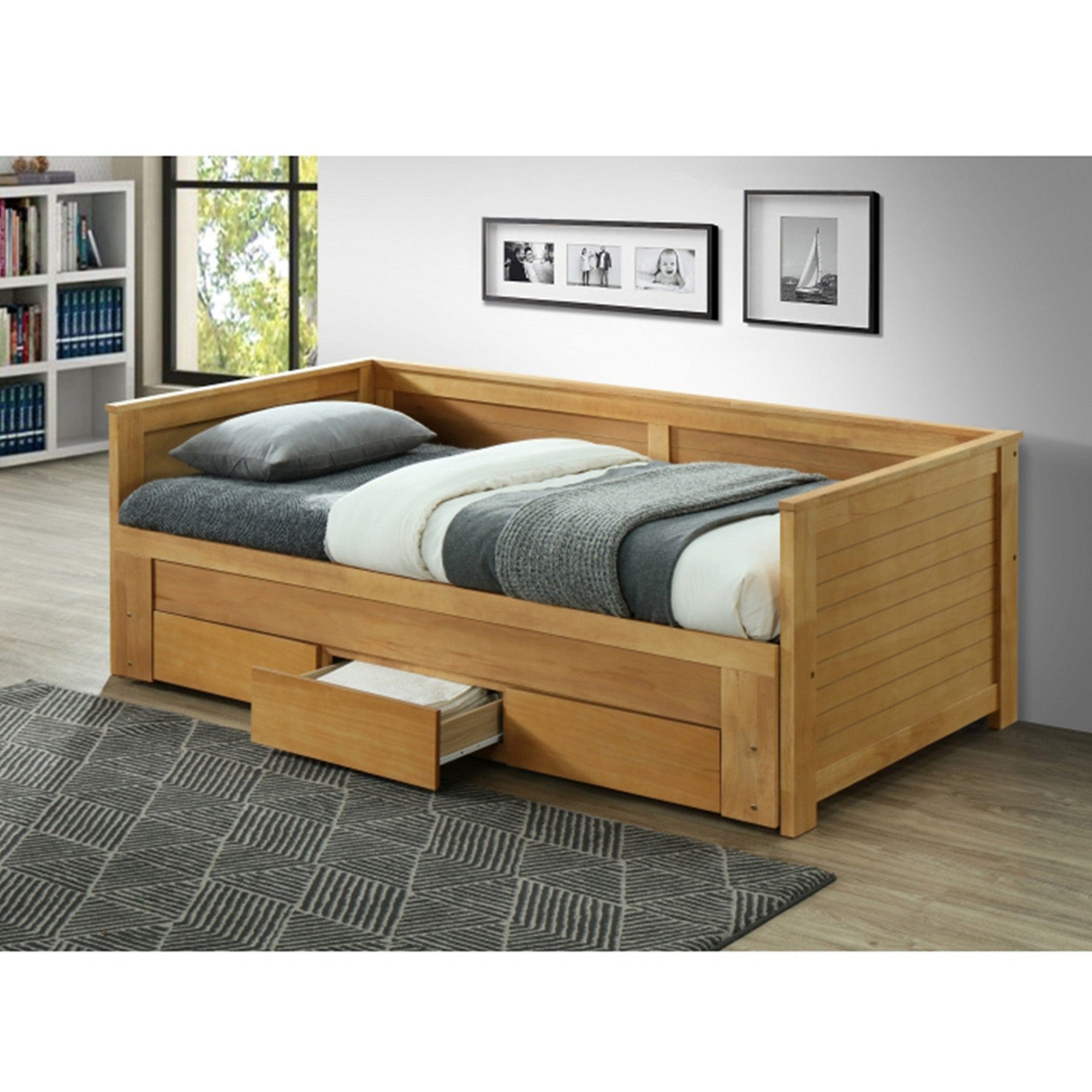 Pat extensibil GORETA 90x200/180x200, stejar, cu somiera si 3 sertare