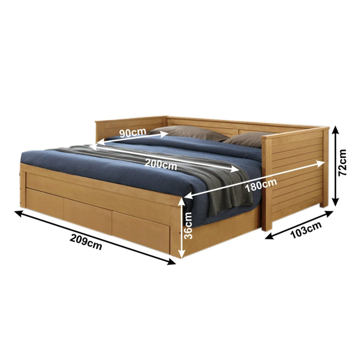 Pat extensibil GORETA 90x200/180x200, stejar, cu somiera si 3 sertare