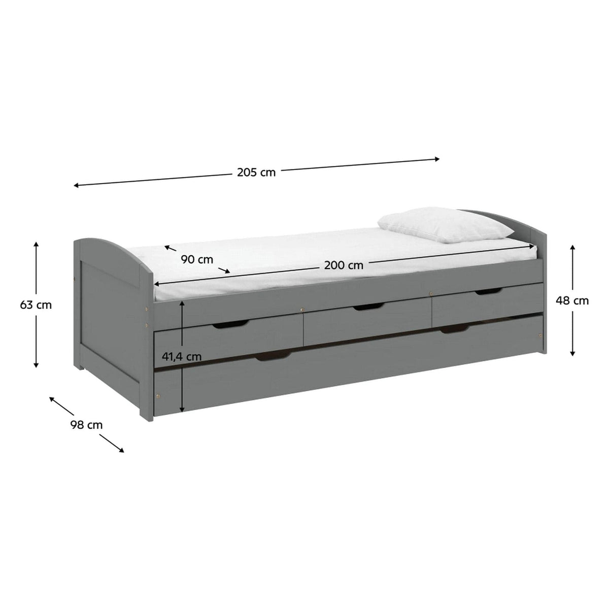Pat extensibil MARINELLA NEW 90x200, gri, lemn/metal, cu somiera si sertare