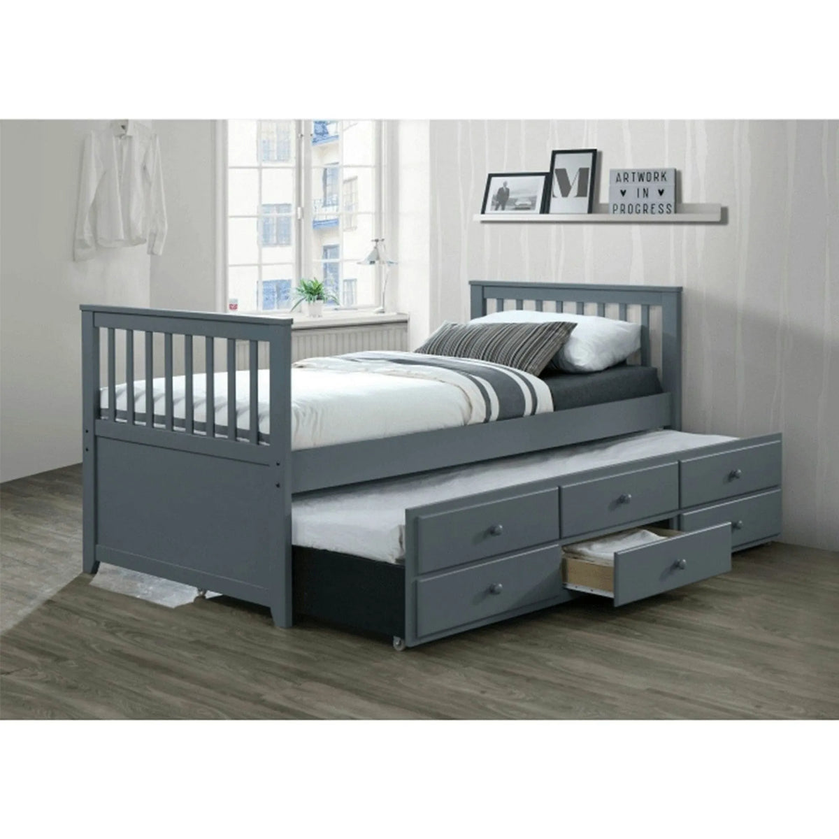 Pat extensibil pentru copii AUSTIN NEW 90x200, gri antracit, cu somiere si 3 spatii depozitare