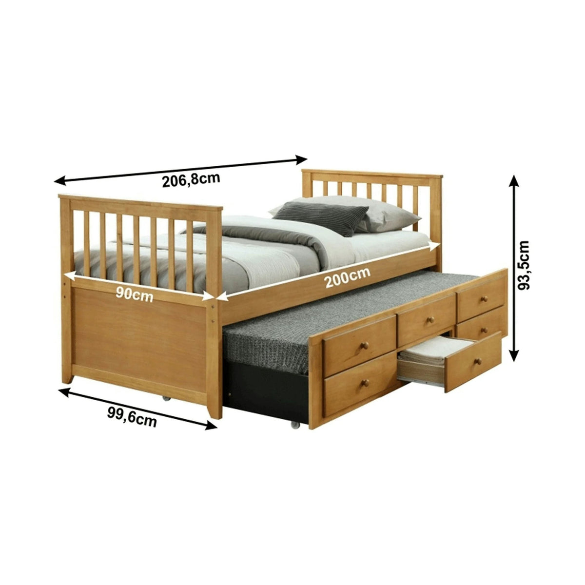 Pat extensibil pentru copii AUSTIN NEW 90x200, stejar, cu somiere si 3 spatii depozitare