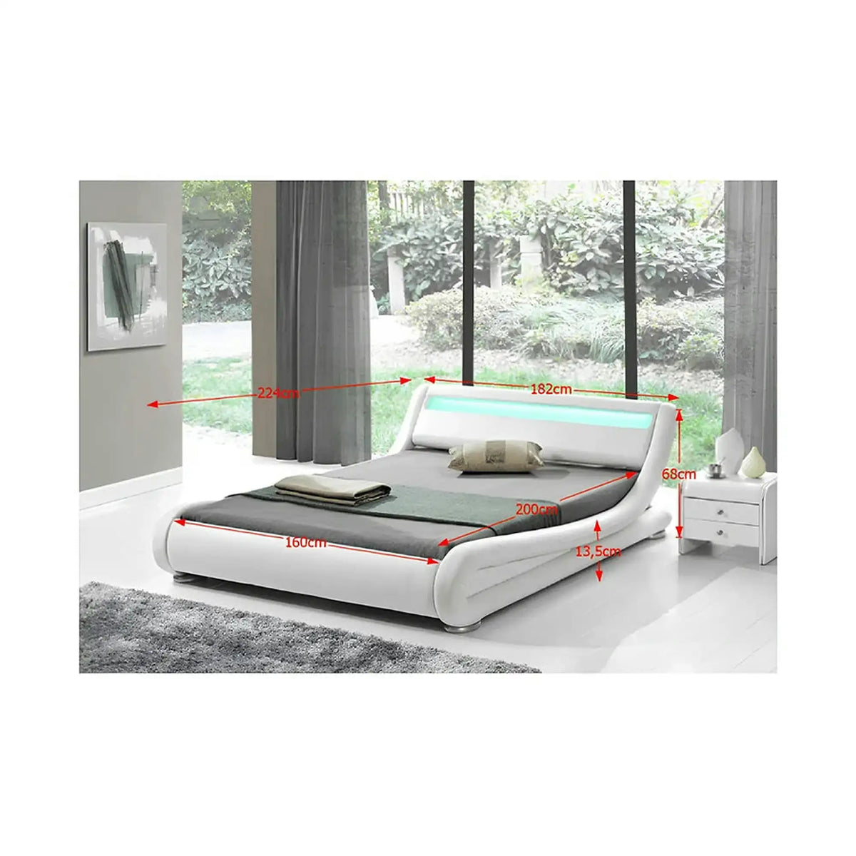 Pat FILIDA 160x200, alb, piele ecologica/PAL/metal/lemn, cu iluminare LED si somiera
