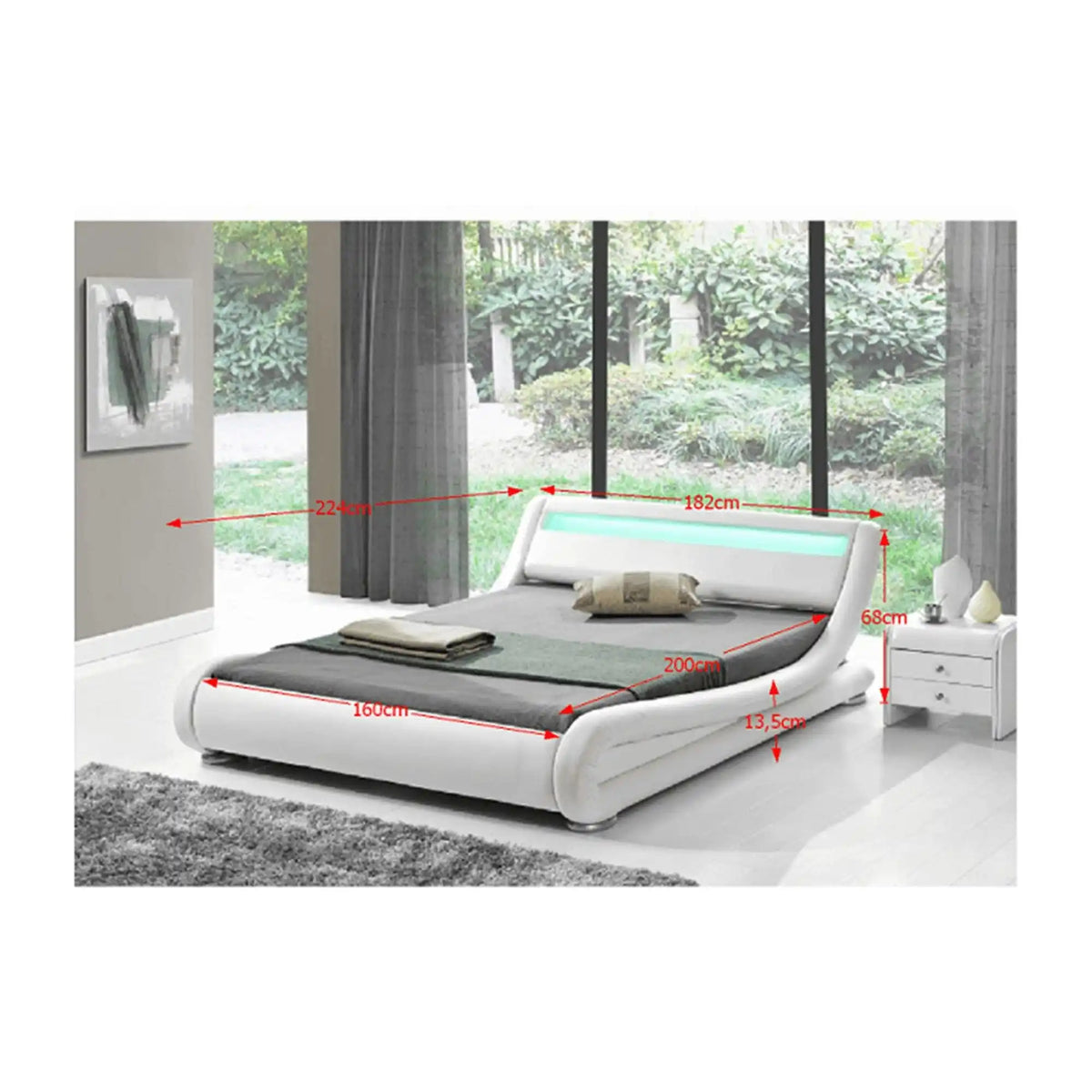 Pat FILIDA 160x200, alb, piele ecologica/PAL/metal/lemn, cu iluminare LED si somiera