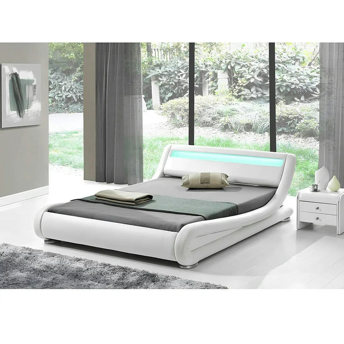 Pat FILIDA 180x200, alb, piele ecologica/PAL, cu iluminare LED si somiera