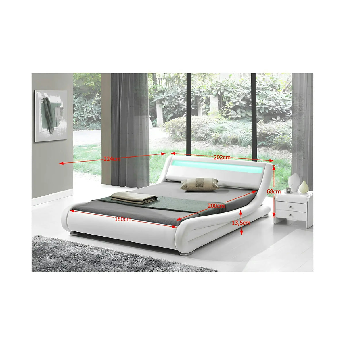 Pat FILIDA 180x200, alb, piele ecologica/PAL, cu iluminare LED si somiera