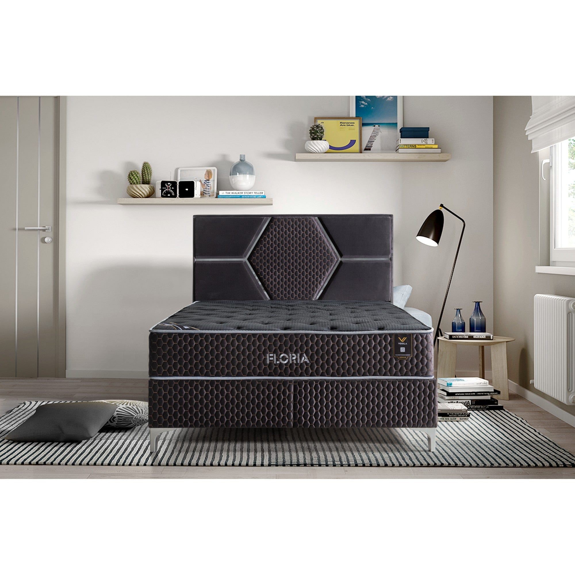 Pat FLORIA 160x200, stofa catifelata gri inchis - Luna 18, cu somiera si spatiu depozitare