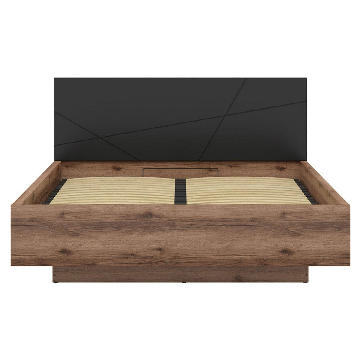 Pat FORN, nuc/negru mat, PAL, cu somiera si spatiu de depozitare, 169.5x206x98.5 cm