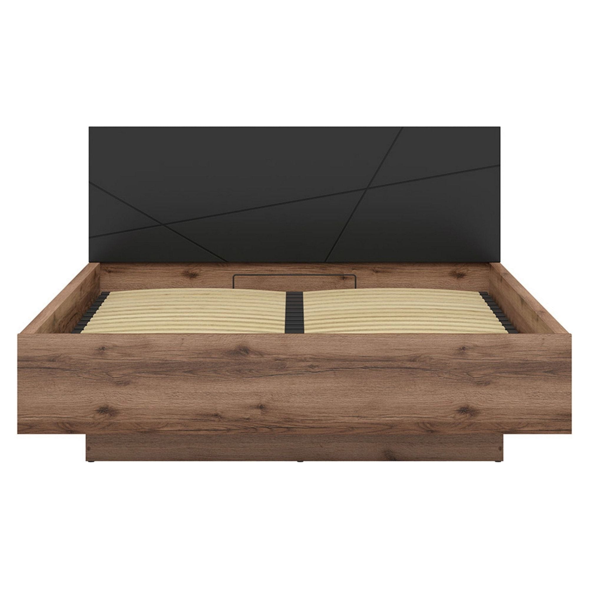 Pat FORN, nuc/negru mat, PAL, cu somiera si spatiu de depozitare, 169.5x206x98.5 cm