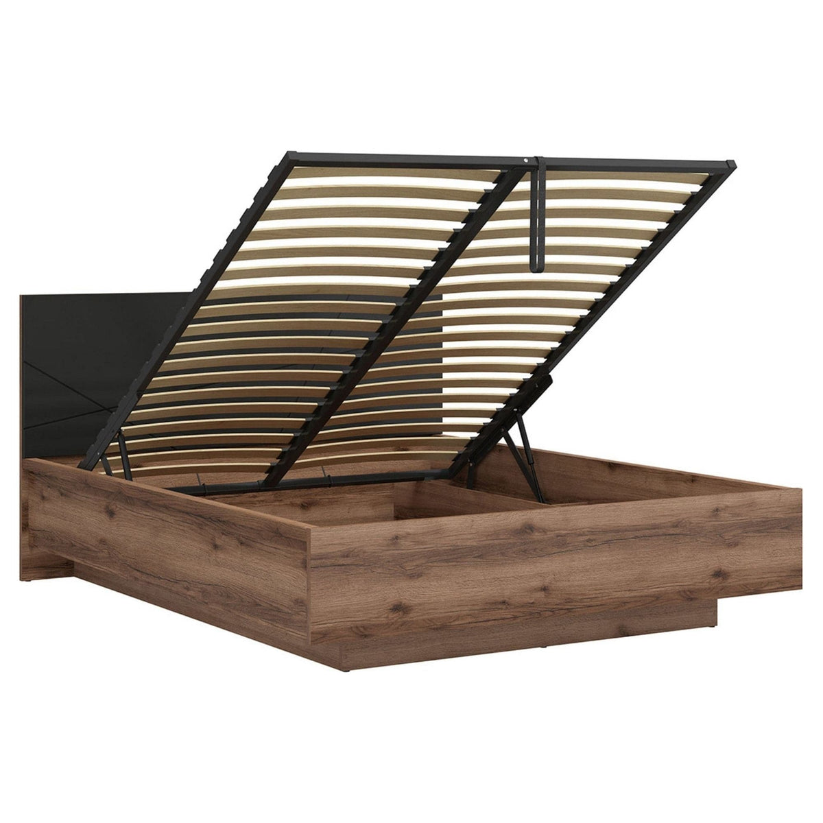 Pat FORN, nuc/negru mat, PAL, cu somiera si spatiu de depozitare, 169.5x206x98.5 cm