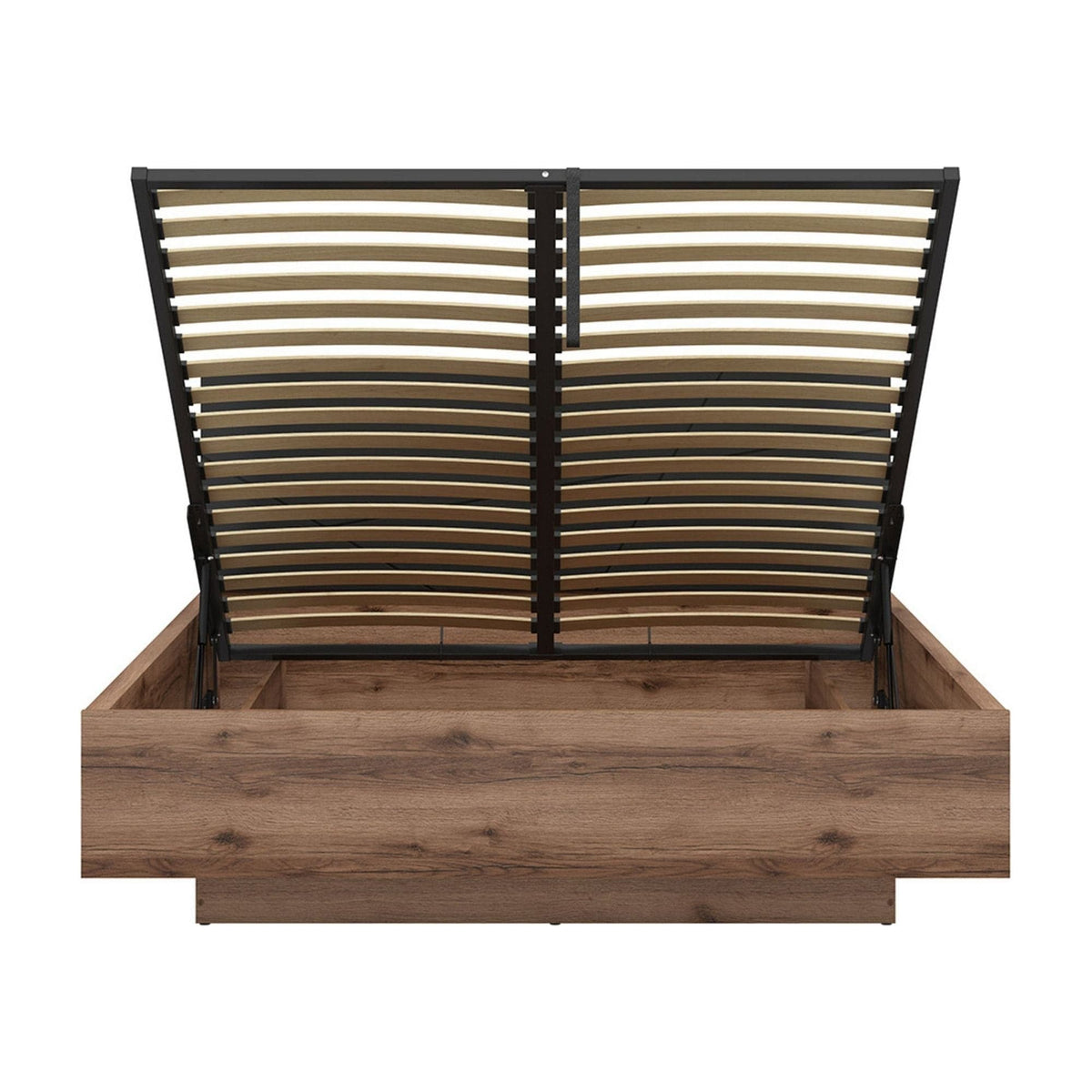 Pat FORN, nuc/negru mat, PAL, cu somiera si spatiu de depozitare, 169.5x206x98.5 cm