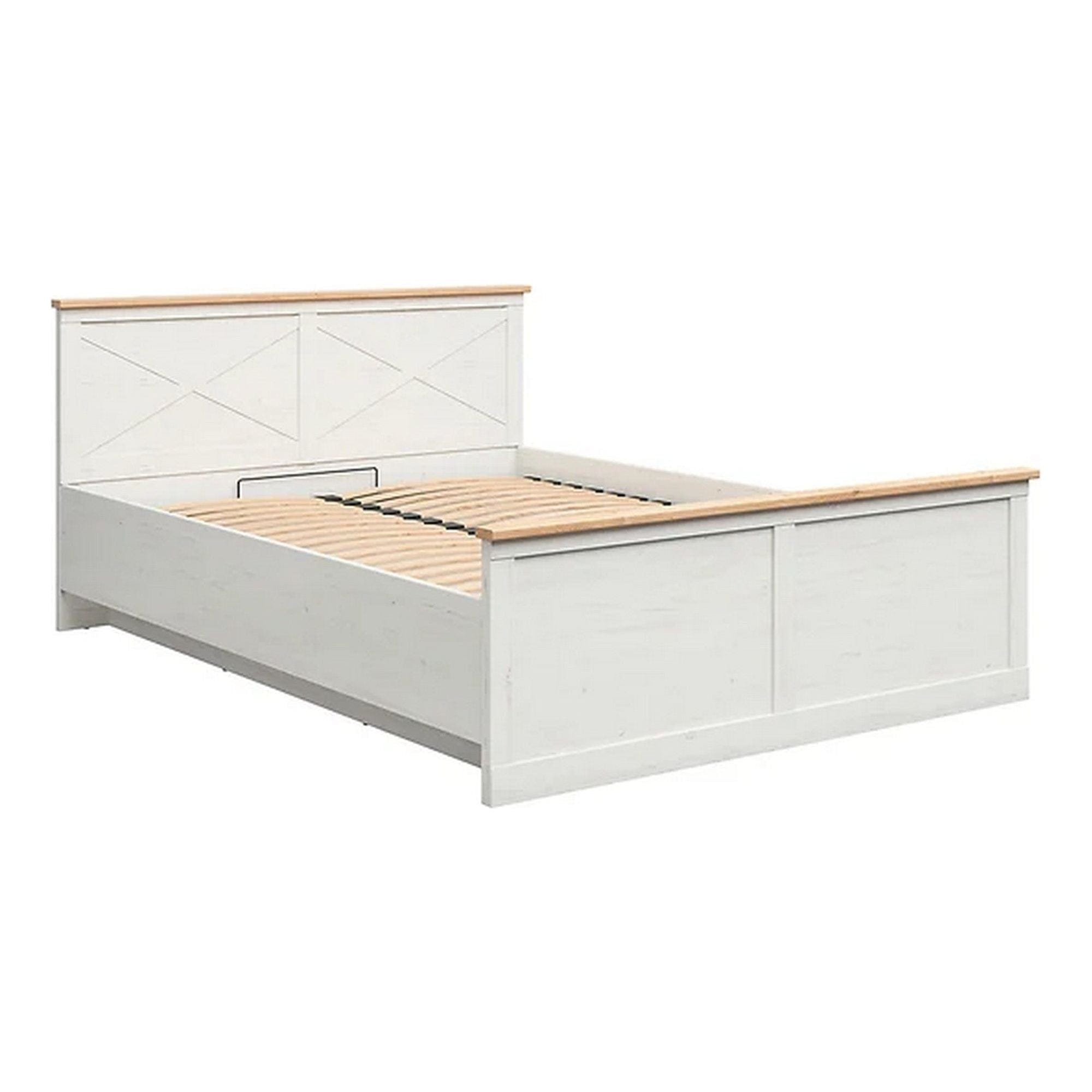 Pat FRIJA 160x200, alb, PAL/metal, cu somiera si lada de depozitare
