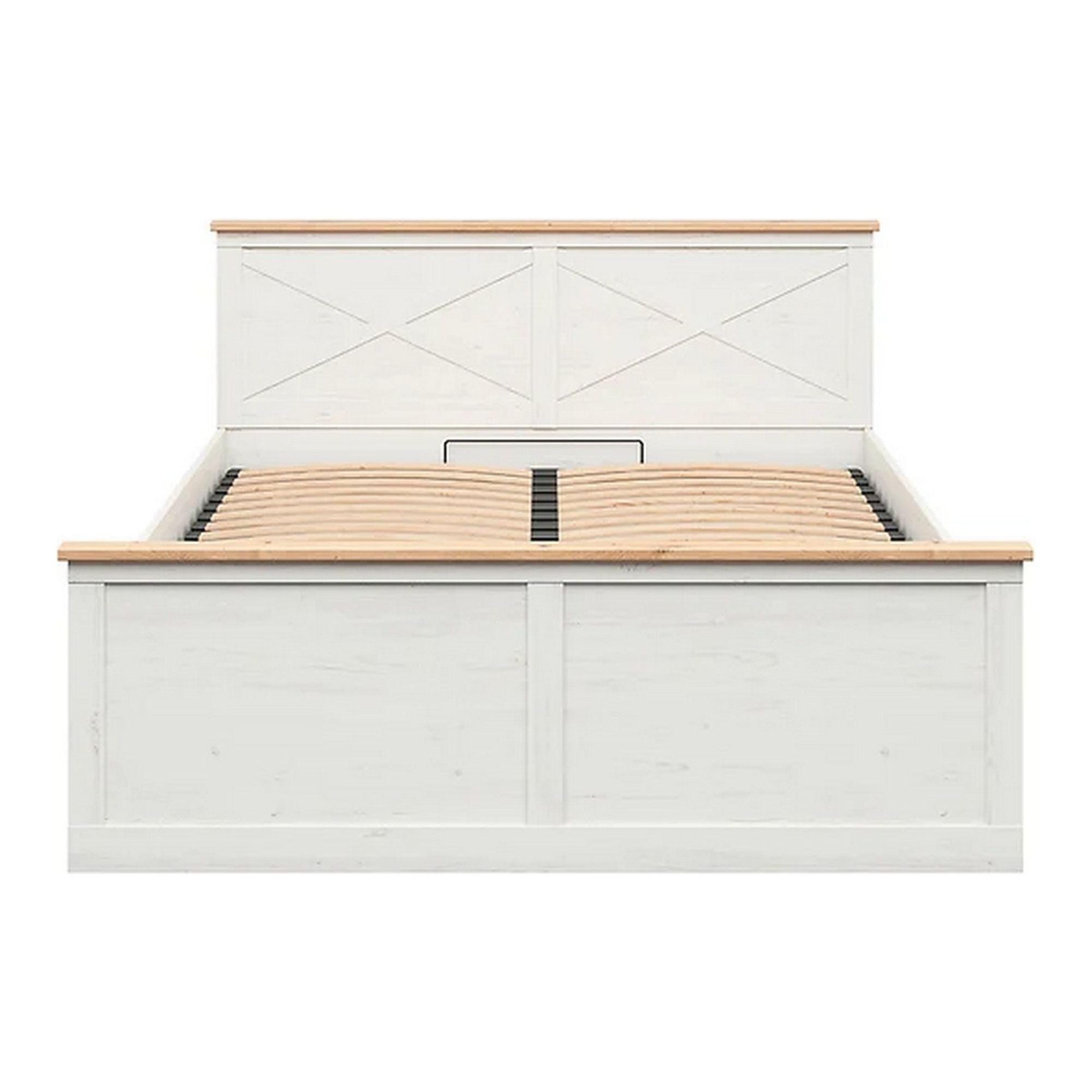 Pat FRIJA 160x200, alb, PAL/metal, cu somiera si lada de depozitare