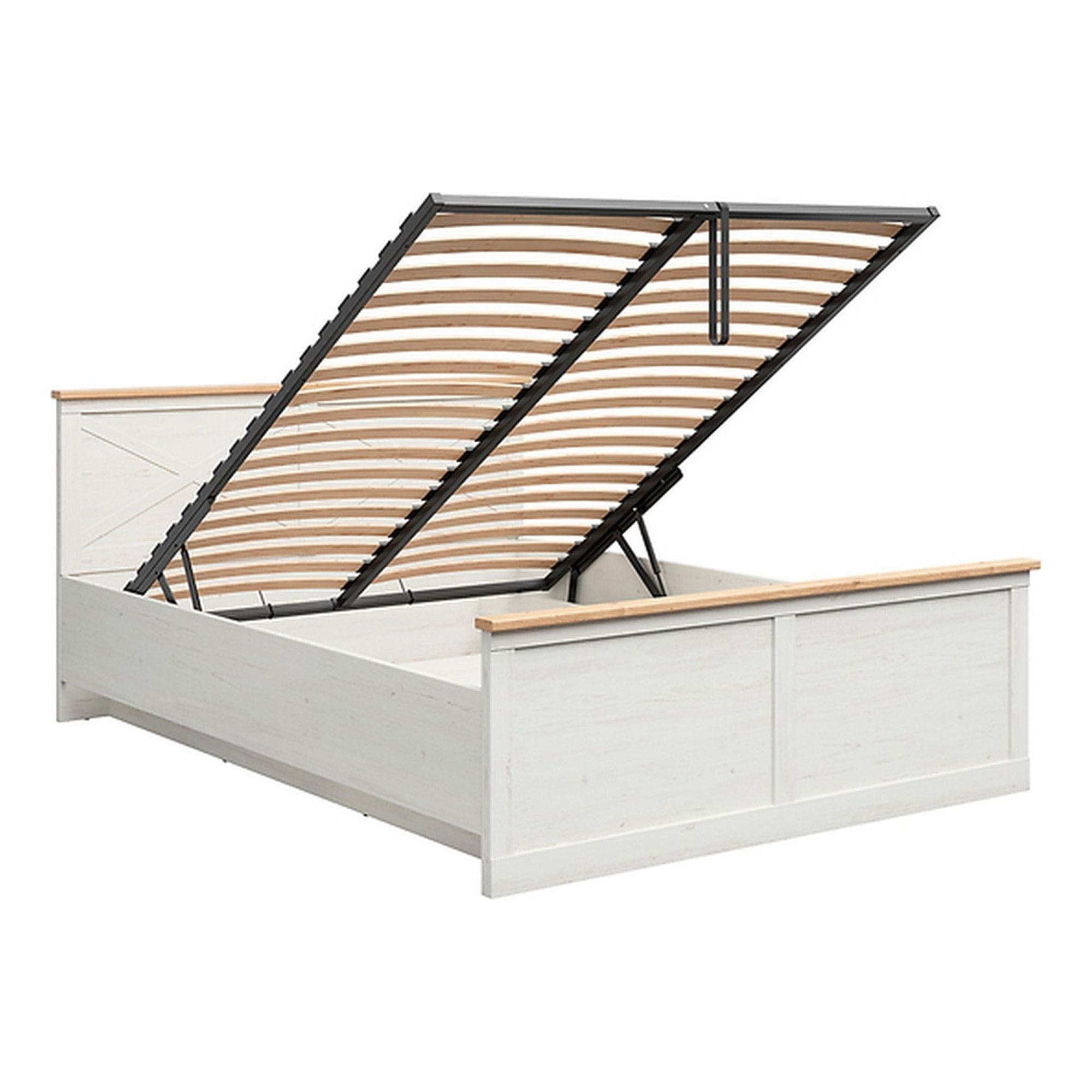 Pat FRIJA 160x200, alb, PAL/metal, cu somiera si lada de depozitare