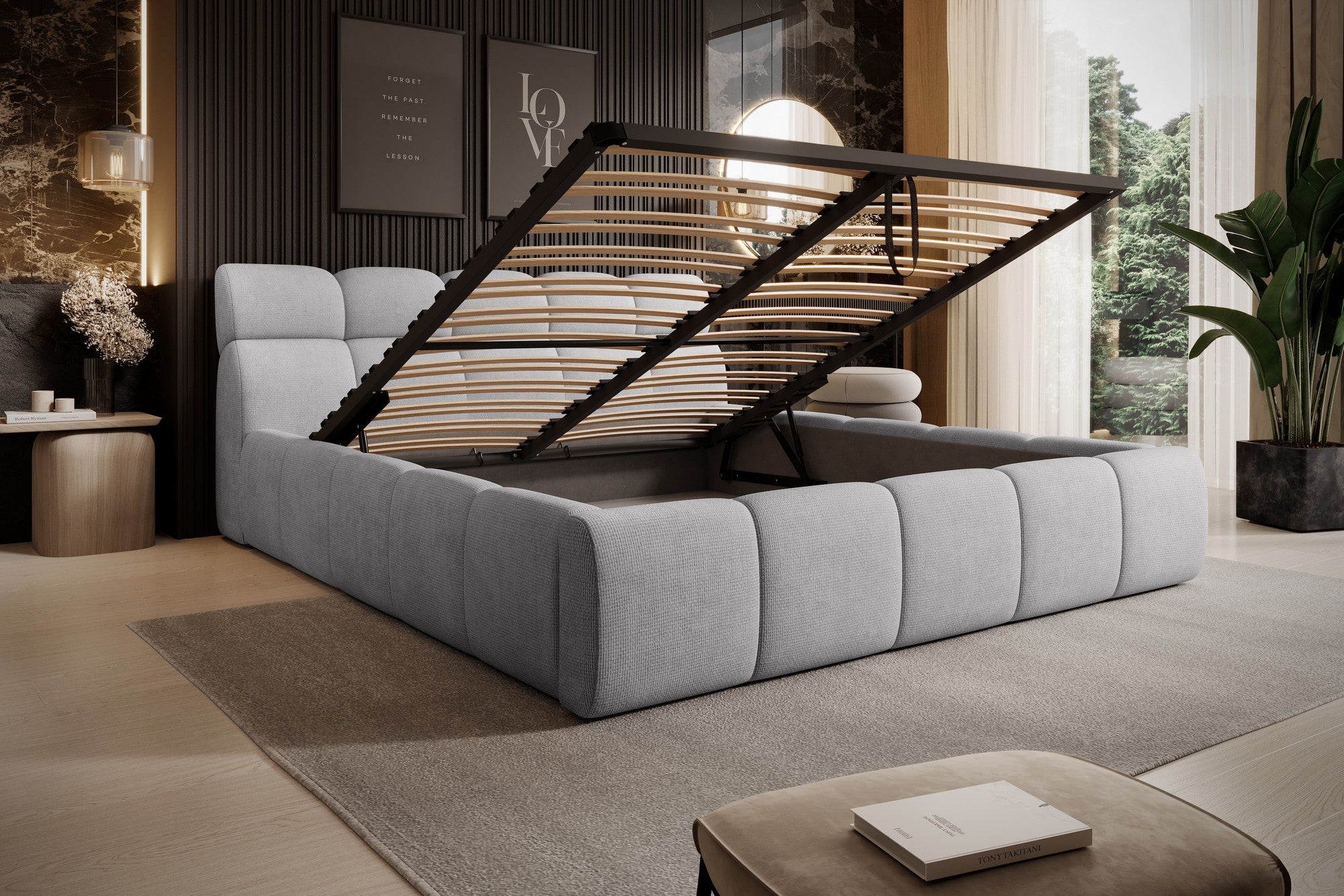 Pat GIULIA 160x200, personalizabil materiale Gama Premium, cu spatiu depozitare, somiera metalica si pistoane