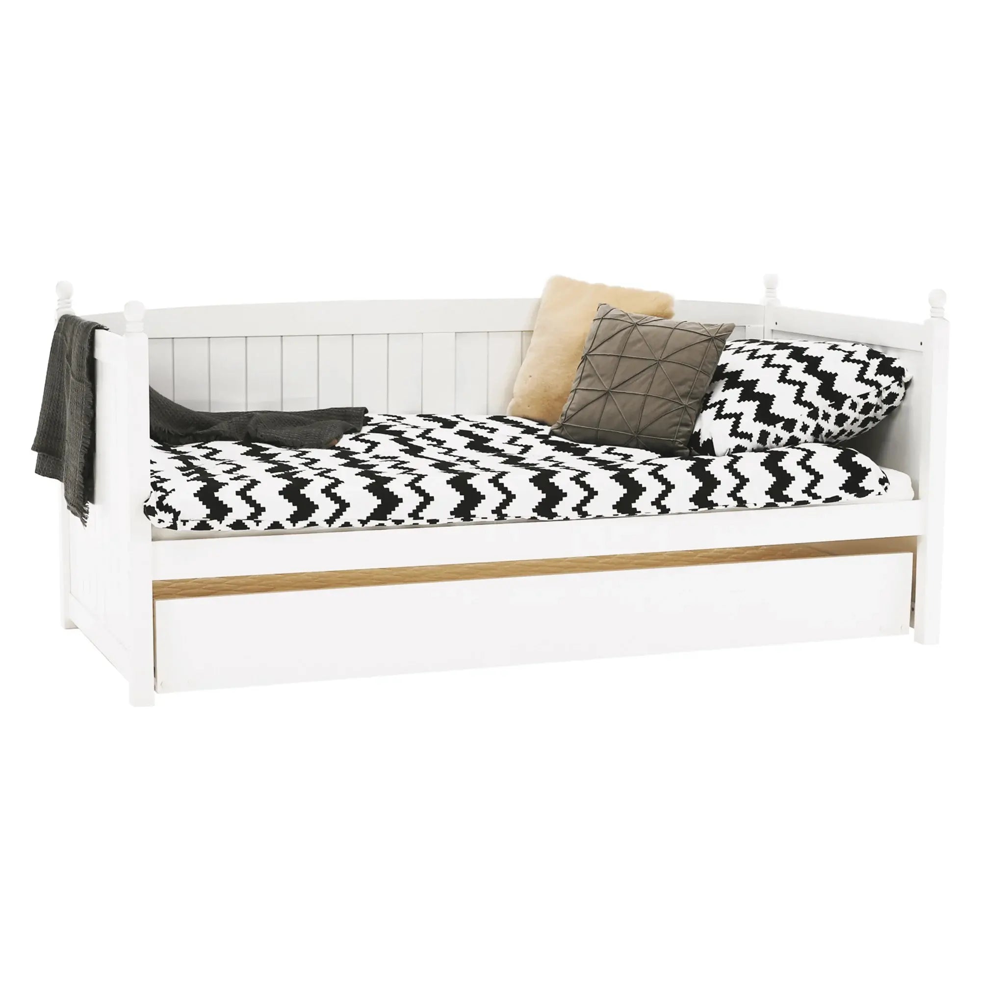 Pat GLAMIS 90x200, alb, lemn/placaj, cu somiera si pat suplimentar