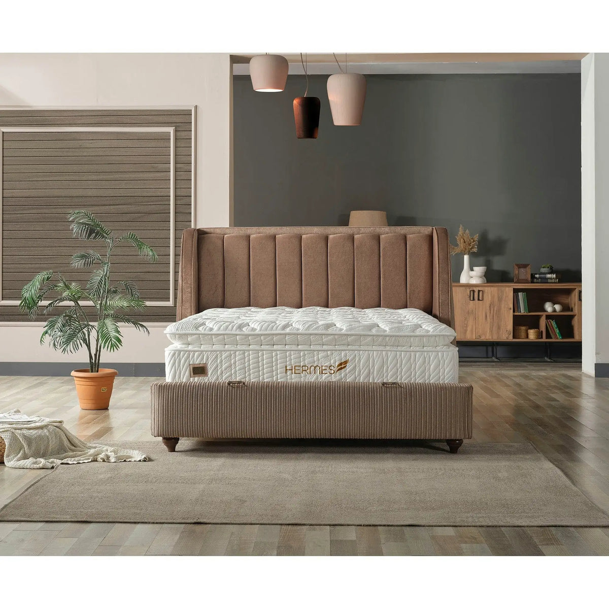 Pat HERMES 160x200, stofa catifelata maro - Velvet 266, cu somiera si spatiu depozitare