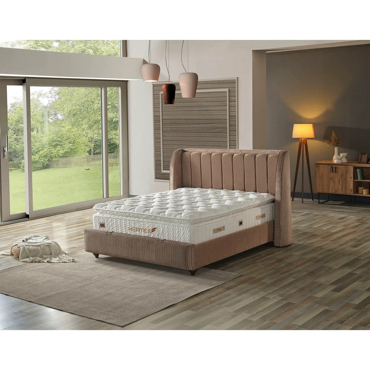 Pat HERMES 160x200, stofa catifelata maro - Velvet 266, cu somiera si spatiu depozitare