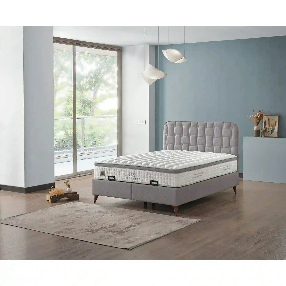 Pat INFINITY 160x200, stofa clasica gri - Linum 660, cu somiera si spatiu depozitare