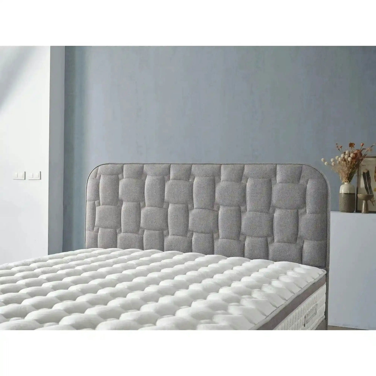 Pat INFINITY 160x200, stofa clasica gri - Linum 660, cu somiera si spatiu depozitare