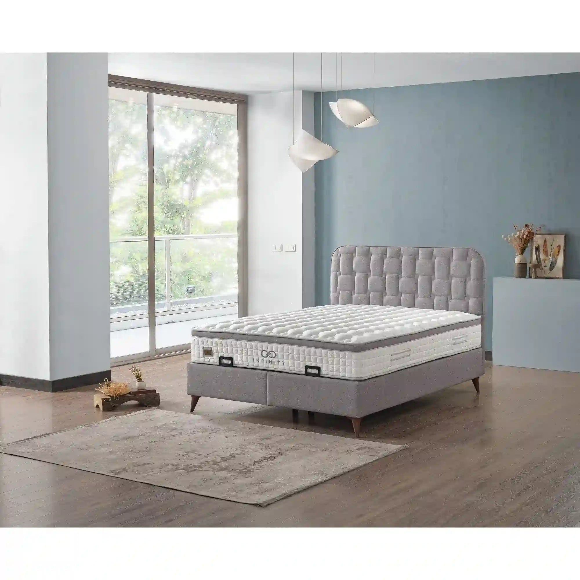 Pat INFINITY 160x200, stofa clasica gri - Linum 660, cu somiera si spatiu depozitare