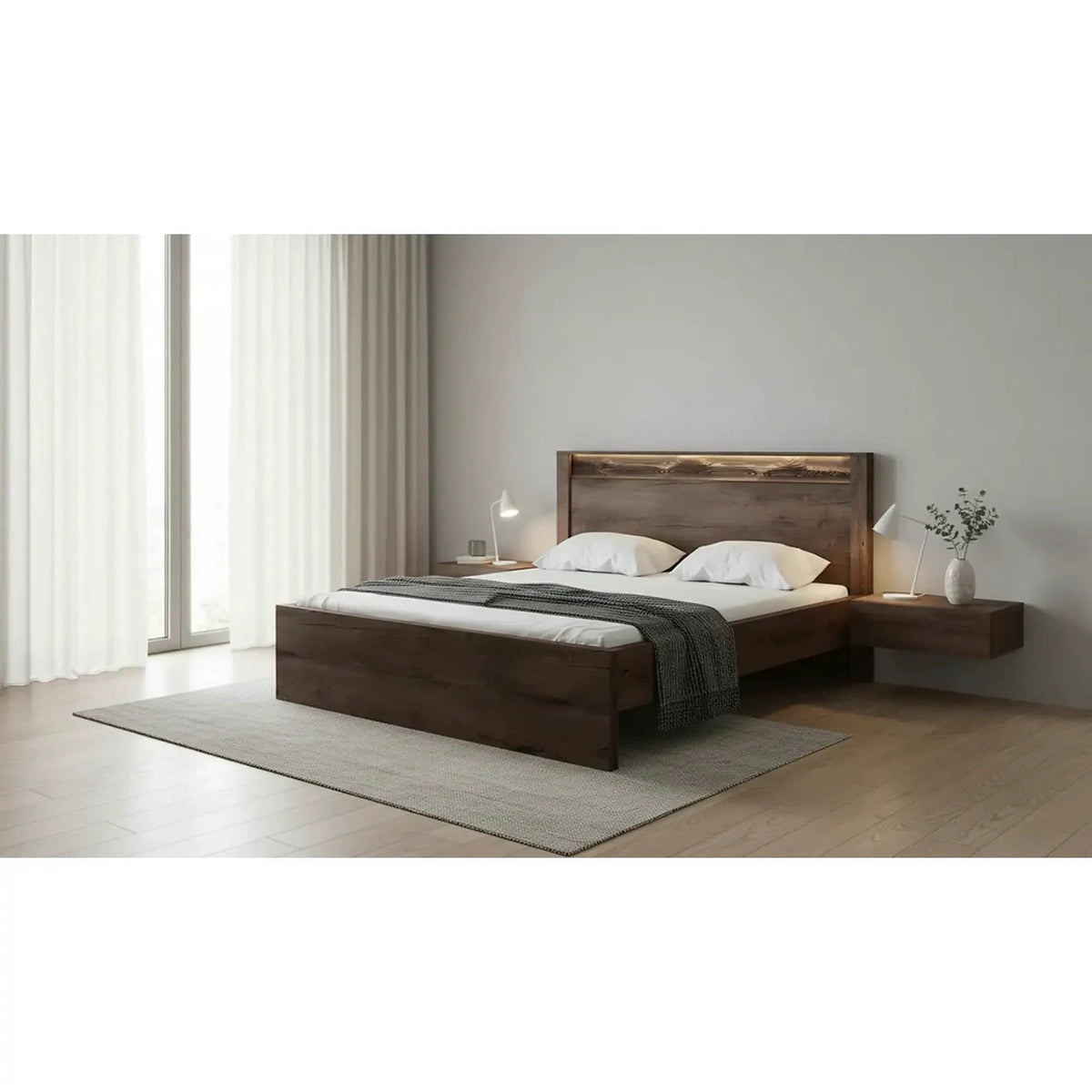 Pat INFINITY I-19 160x200, frasin inchis, PAL/metal, cu iluminare LED si somiera
