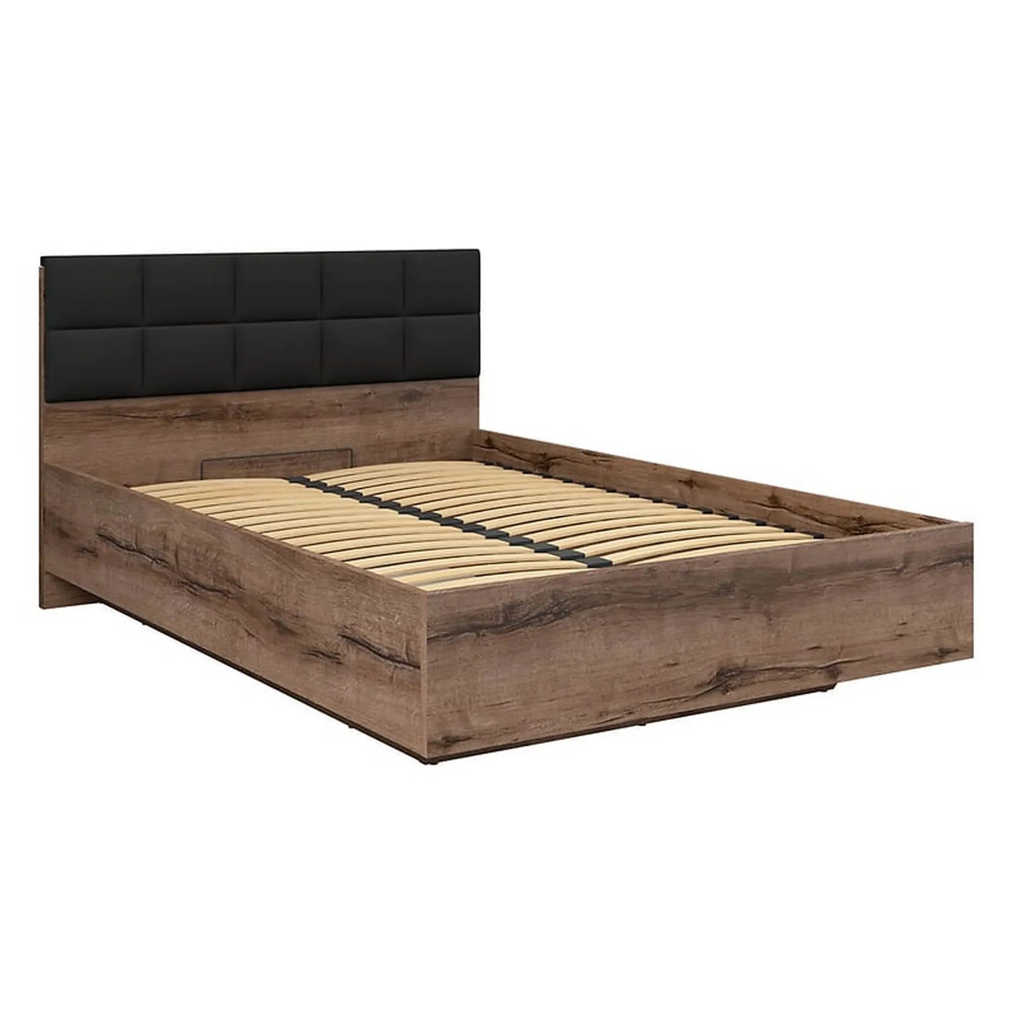 Pat KASSEL 140x200, nuc/negru, PAL/stofa, cu somiera si spatiu depozitare