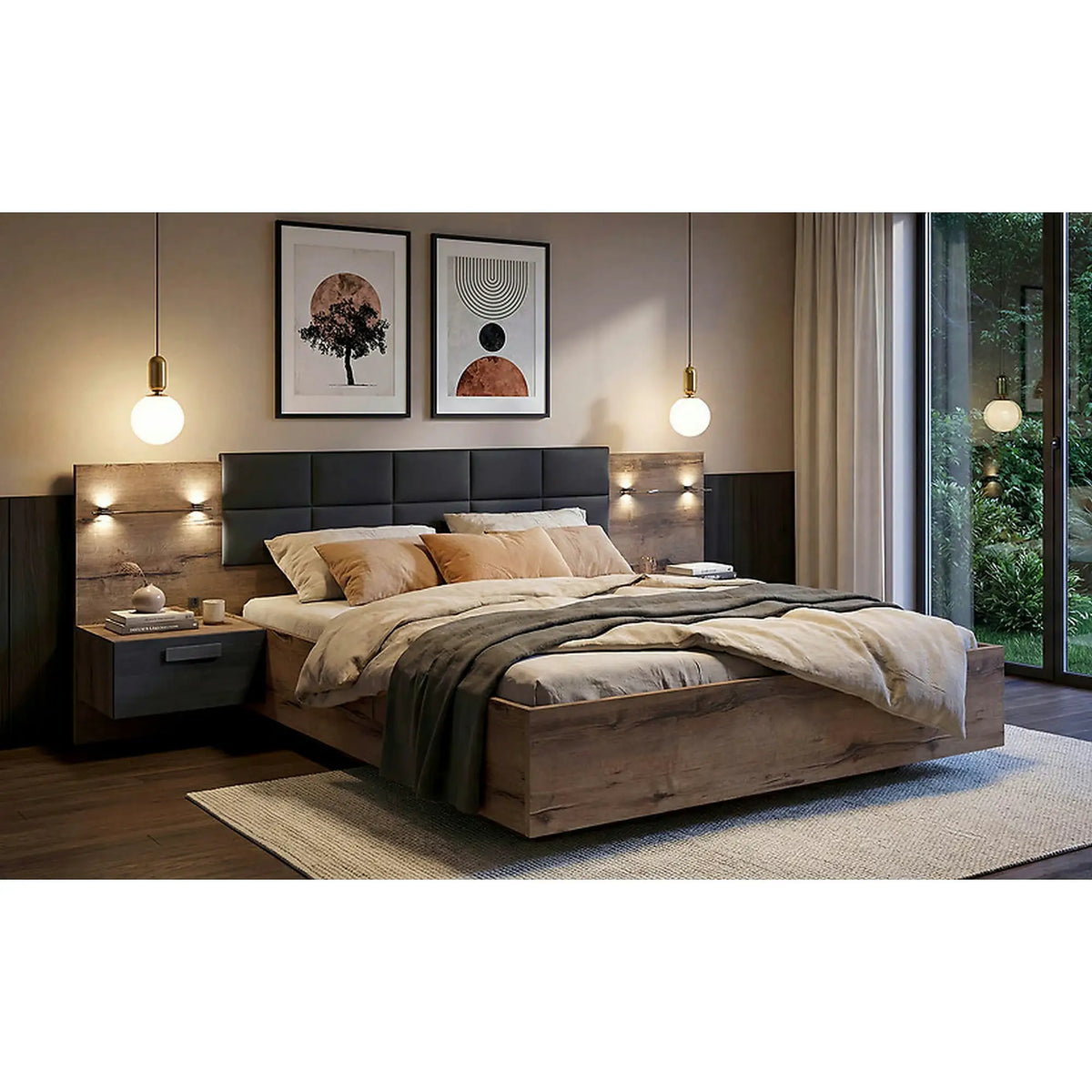 Pat KASSEL 160x200, nuc/negru, PAL/piele ecologica, cu somiera, spatiu depozitare, iluminare LED si 2 noptiere