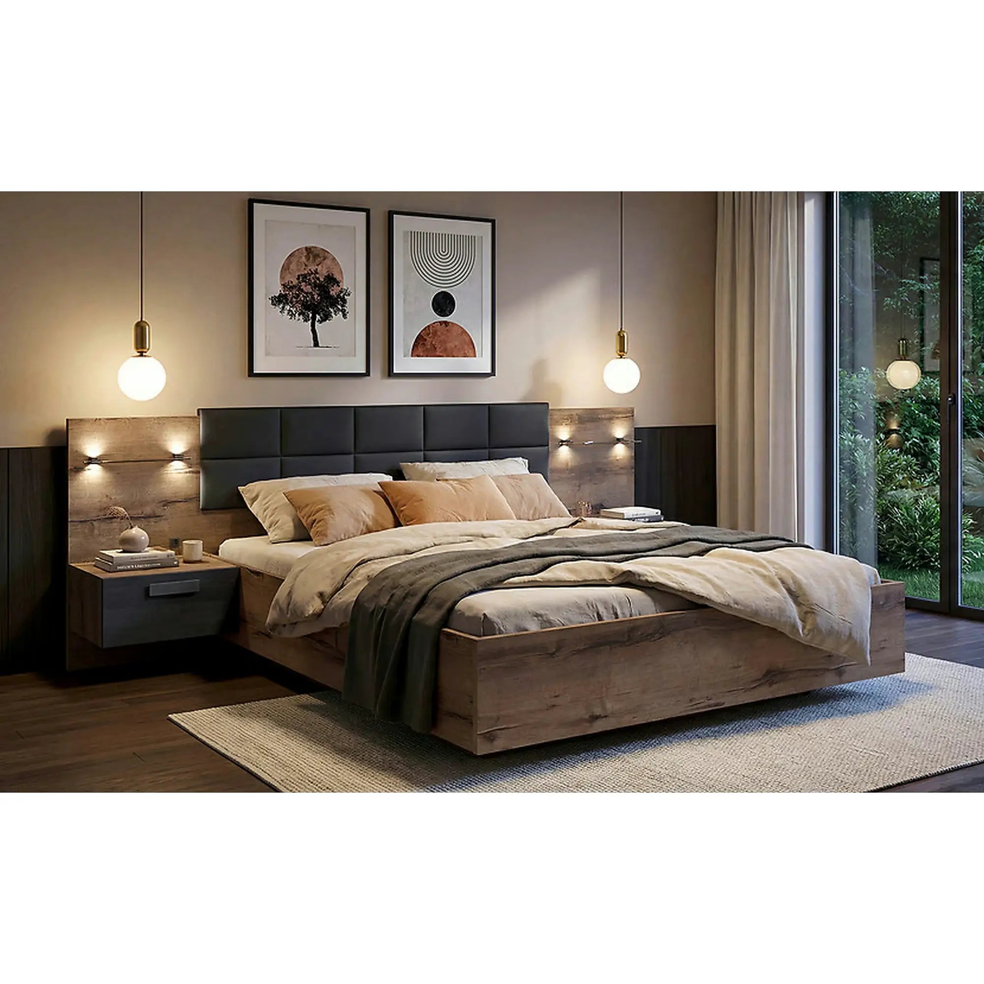 Pat KASSEL 160x200, nuc/negru, PAL/piele ecologica, cu somiera, spatiu depozitare, iluminare LED si 2 noptiere