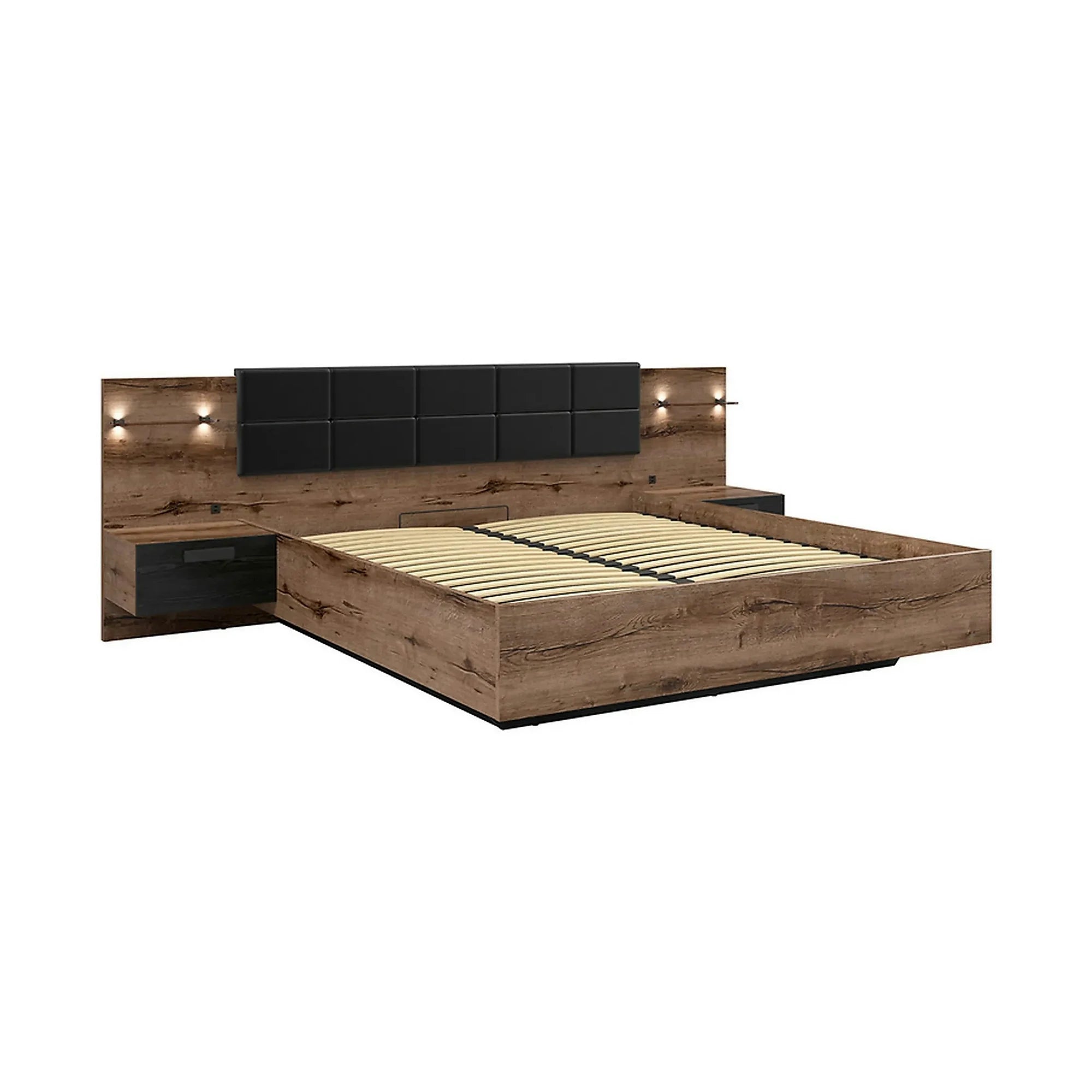 Pat KASSEL 160x200, nuc/negru, PAL/piele ecologica, cu somiera, spatiu depozitare, iluminare LED si 2 noptiere