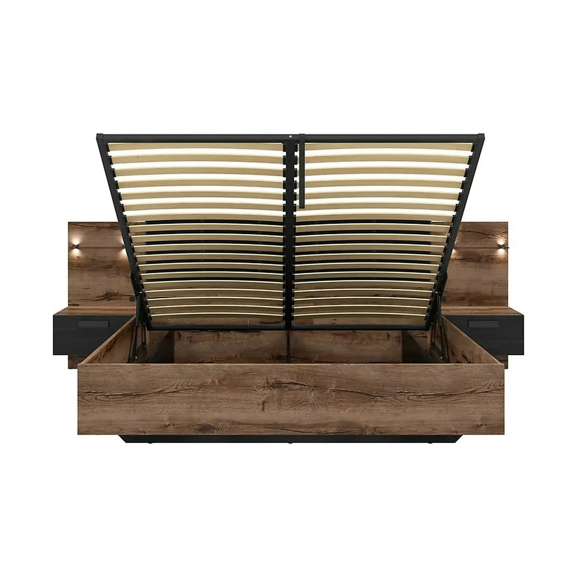 Pat KASSEL 160x200, nuc/negru, PAL/piele ecologica, cu somiera, spatiu depozitare, iluminare LED si 2 noptiere