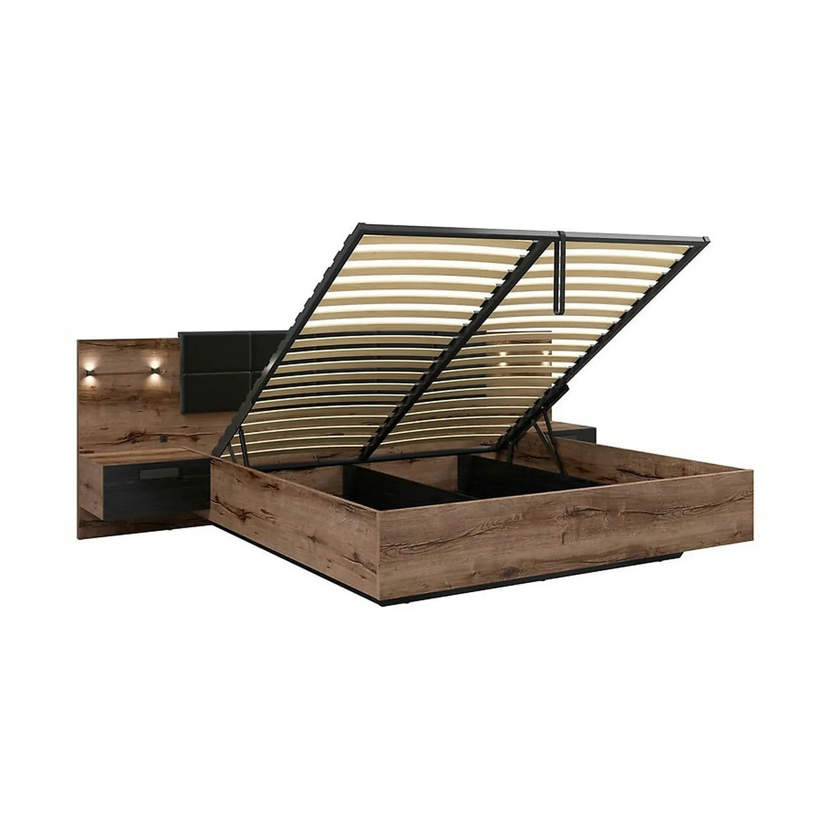 Pat KASSEL 160x200, nuc/negru, PAL/piele ecologica, cu somiera, spatiu depozitare, iluminare LED si 2 noptiere