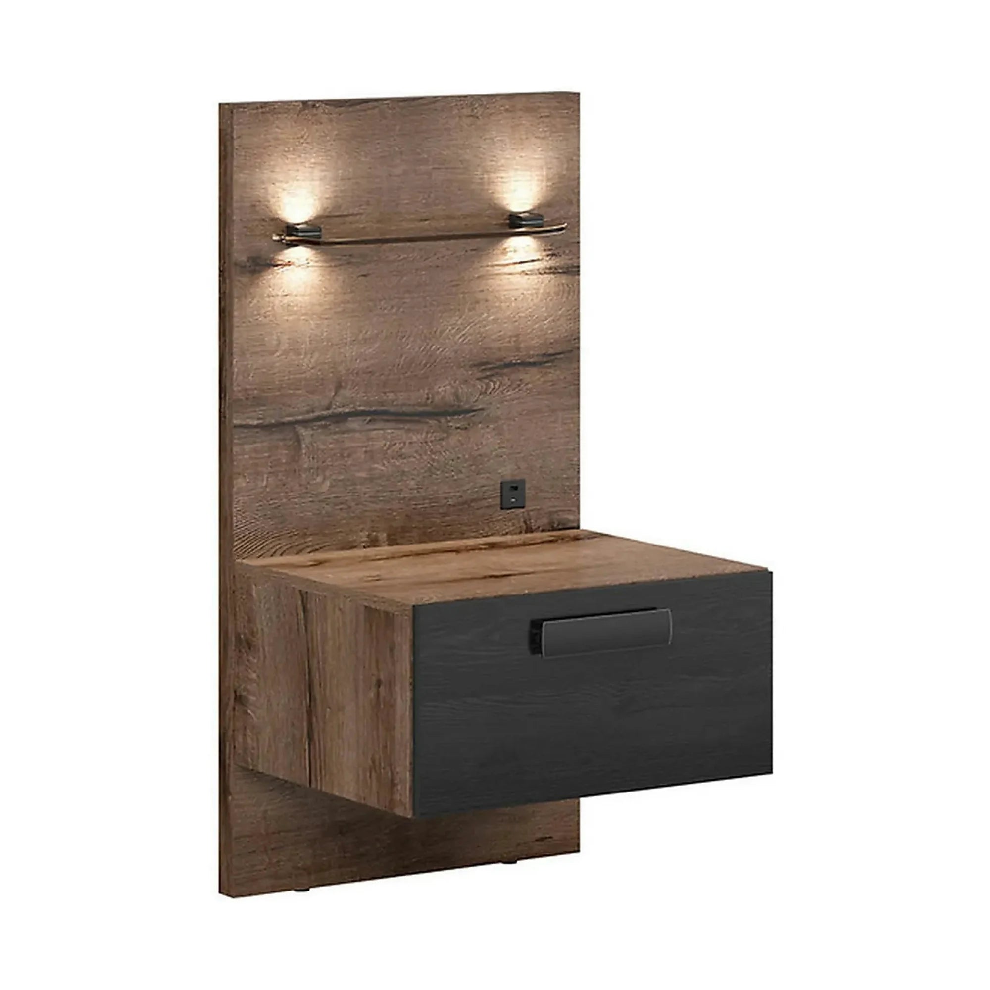 Pat KASSEL 160x200, nuc/negru, PAL/piele ecologica, cu somiera, spatiu depozitare, iluminare LED si 2 noptiere