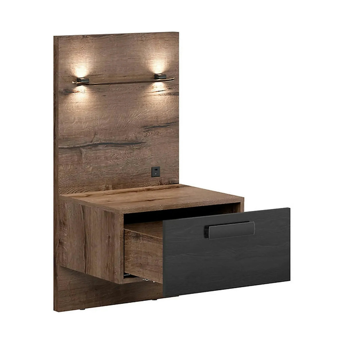 Pat KASSEL 160x200, nuc/negru, PAL/piele ecologica, cu somiera, spatiu depozitare, iluminare LED si 2 noptiere