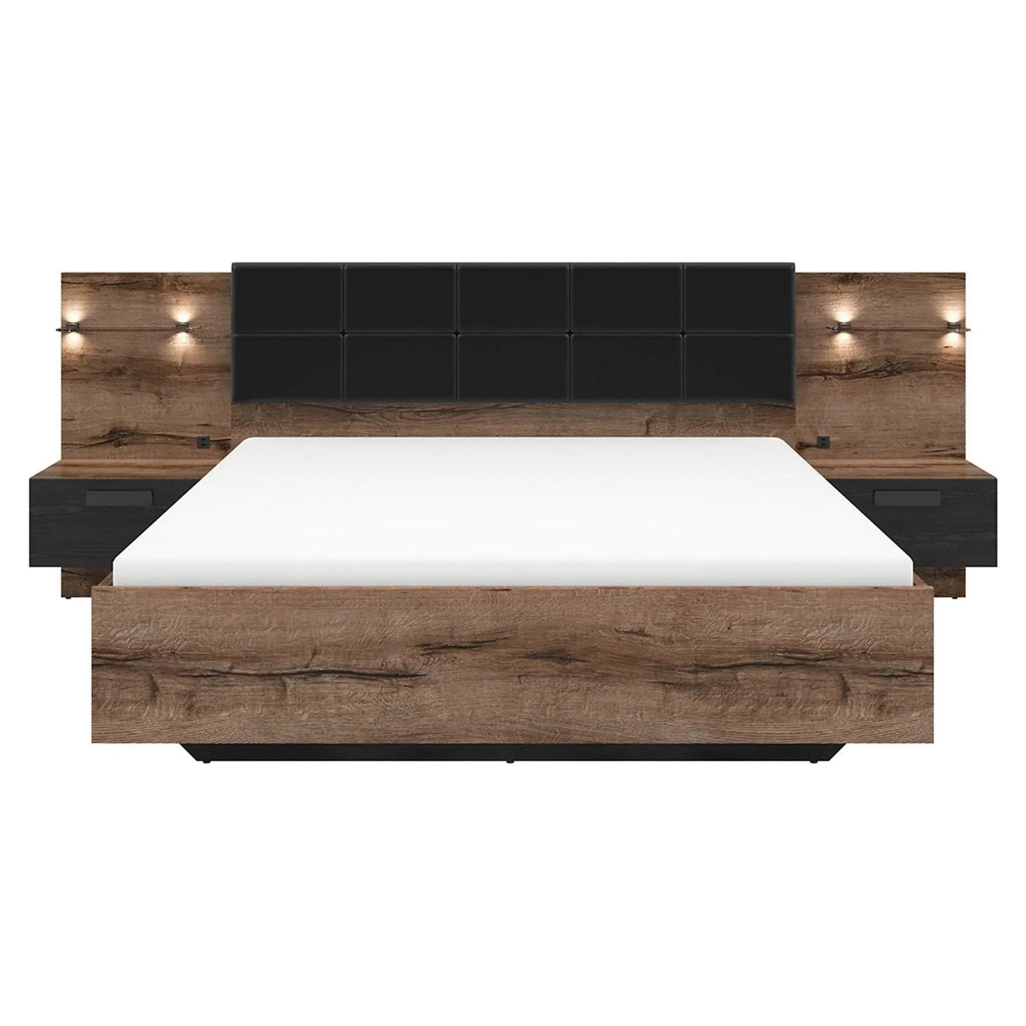 Pat KASSEL 160x200, nuc/negru, PAL/piele ecologica, cu somiera, spatiu depozitare, iluminare LED si 2 noptiere integrate