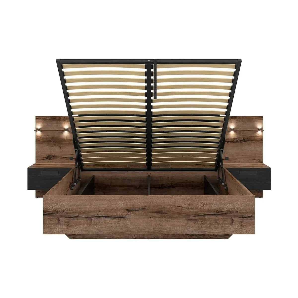 Pat KASSEL 160x200, nuc/negru, PAL/piele ecologica, cu somiera, spatiu depozitare, iluminare LED si 2 noptiere integrate